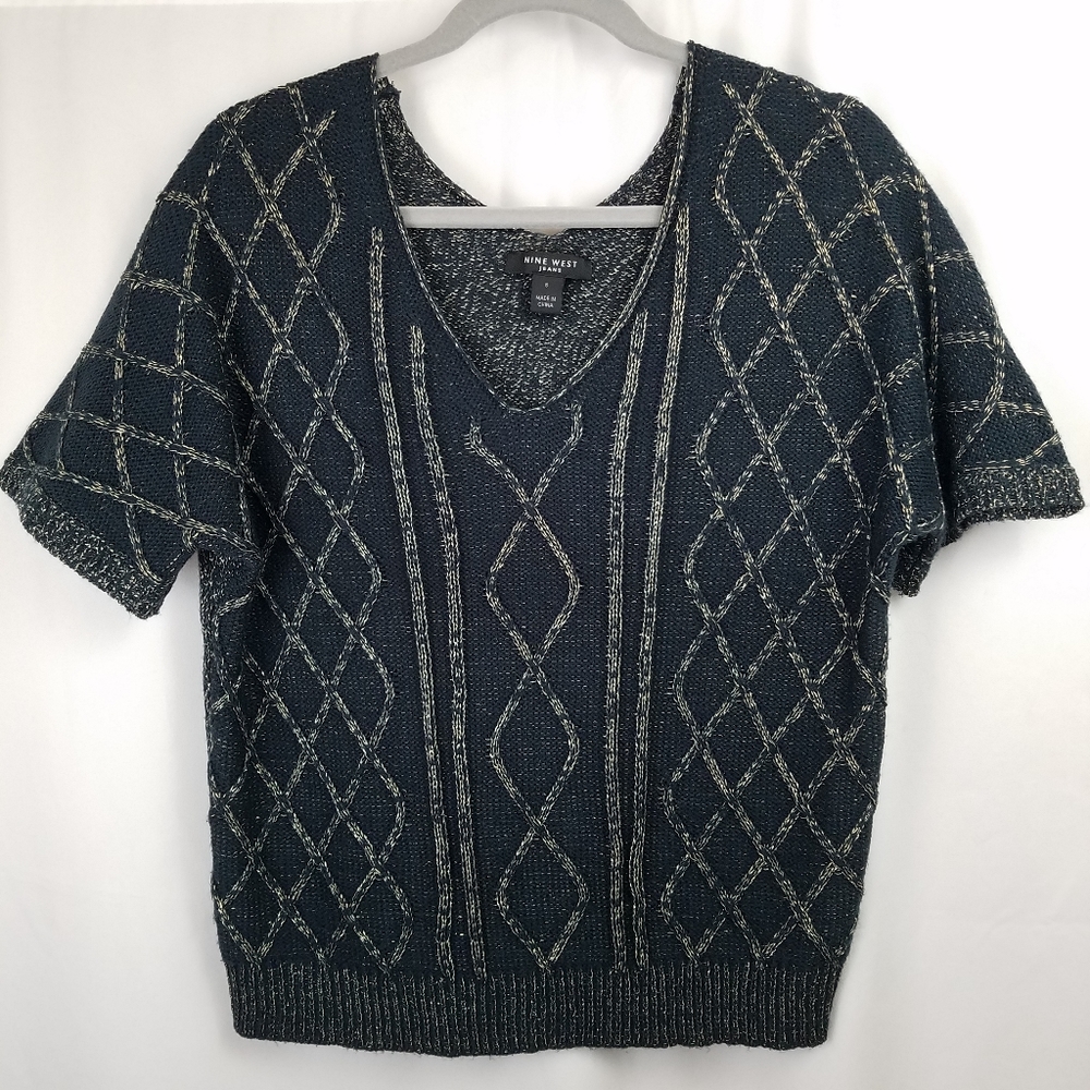 Metallic Knit Navy Blue Doleman Short Sleeve Sweater Top V-Neck Size S Nine West